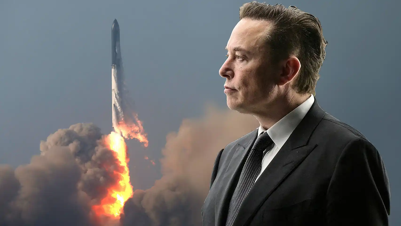 Elon Musk con el lanzamiento de un cohete de fondo, simbolizando la acción y la superación de obstáculos.